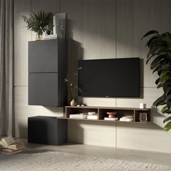 Parete attrezzata 180x160h cm soggiorno ossido nero rovere scuro Sunset 51