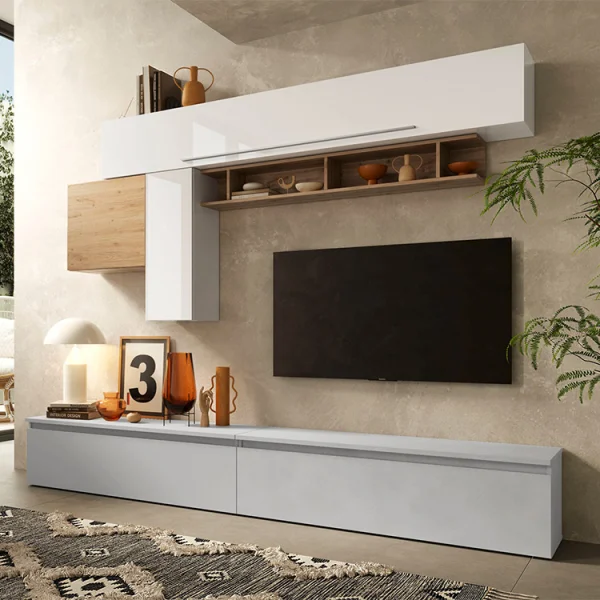 Parete attrezzata 276x190h cm soggiorno bianco rovere grigio chiaro Sunset 17
