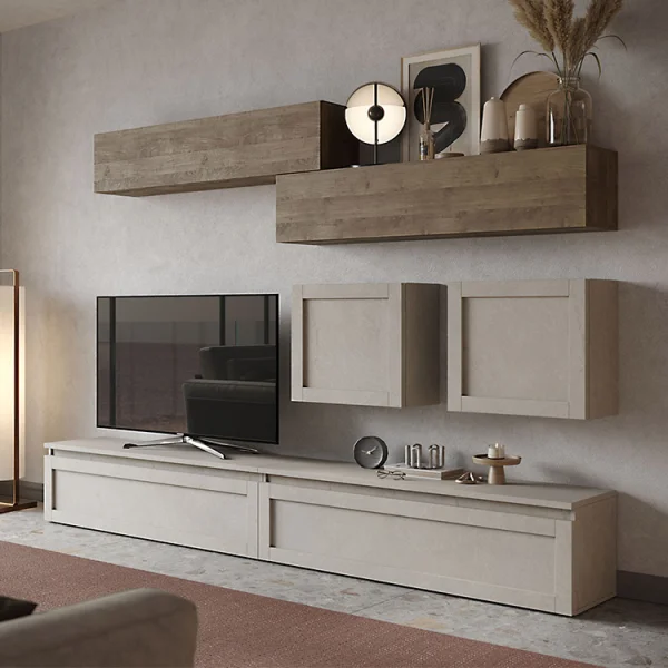Parete attrezzata con telaio 276x190h cm soggiorno tortora rovere scuro Sunset 1