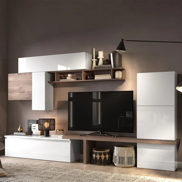Parete attrezzata 300x195h cm moderna rovere scuro bianco lucido Sunset 46