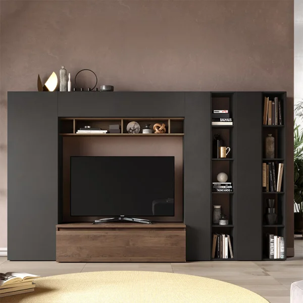 Parete attrezzata 305x186h cm moderna ossido nero rovere Sunset 36