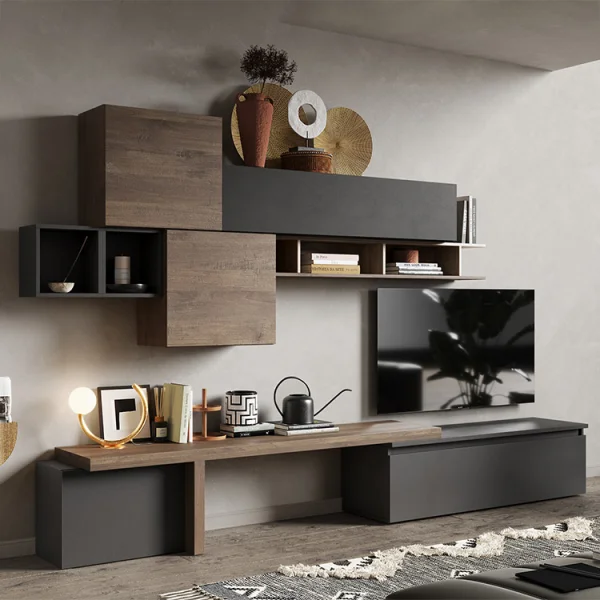 Parete attrezzata 330x195h cm moderna ossido nero rovere scuro Sunset 28