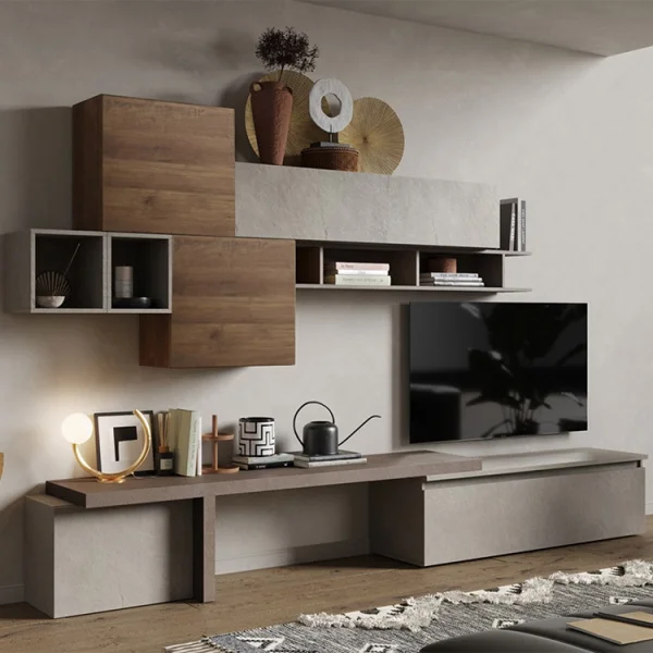 Parete attrezzata 330x195h cm moderna tortora marrone rovere Sunset 28