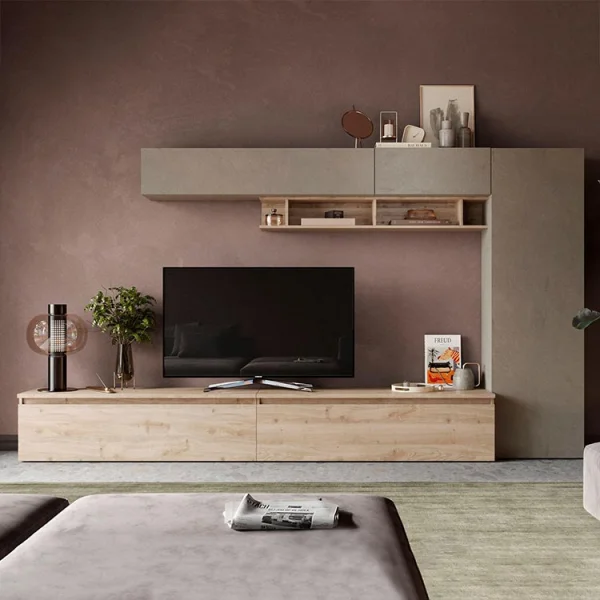 Parete attrezzata 331x186h cm moderna tortora rovere chiaro Sunset 31