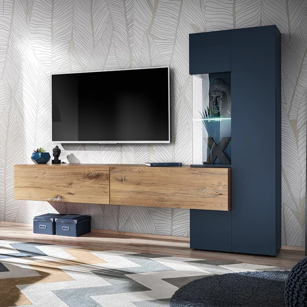 Parete attrezzata 210x162h cm soggiorno con led blu scuro rovere Feola