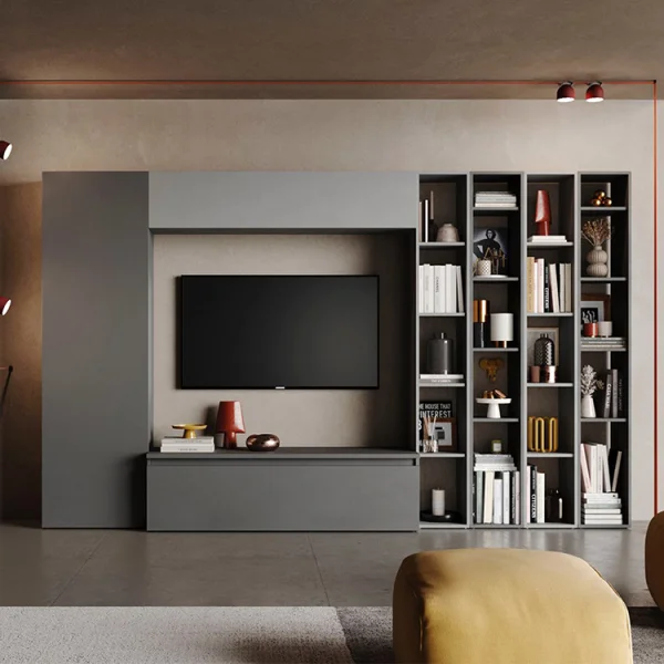 Parete attrezzata 305x186h cm moderna soggiorno grigio chiaro scuro Sunset 10