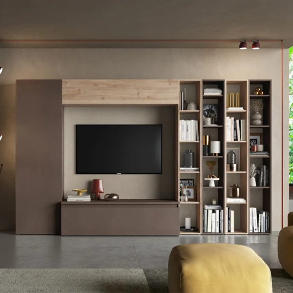 Parete attrezzata 305x186h cm moderna soggiorno marrone bronzo rovere chiaro Sunset 10