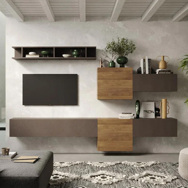 Parete attrezzata sospesa 262x190h cm rovere marrone bronzo Sunset 22
