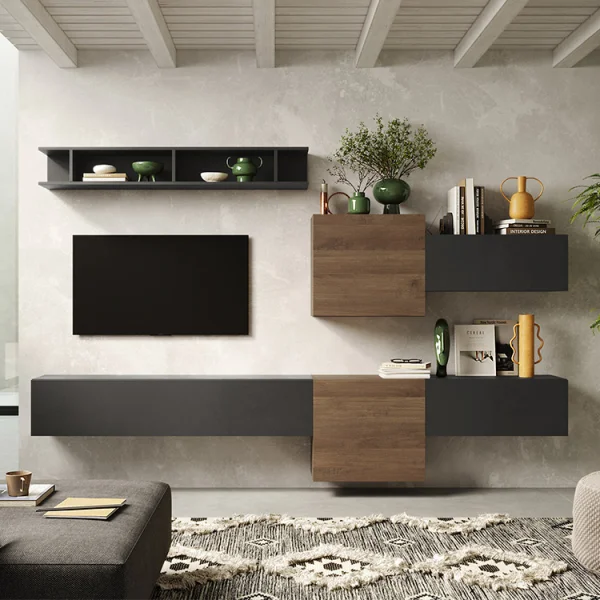 Parete attrezzata sospesa 262x190h cm rovere scuro ossido nero Sunset 22