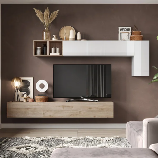 Parete attrezzata sospesa 276x175h cm bianco lucido rovere chiaro Sunset 41