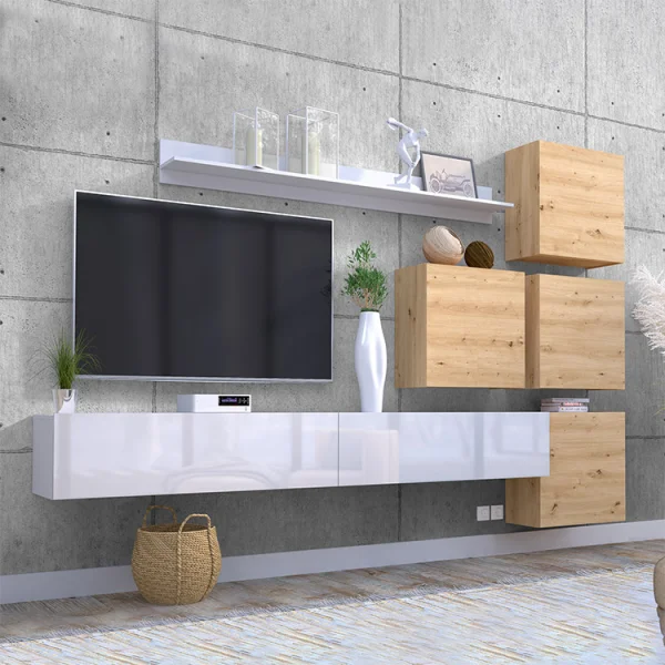 Parete attrezzata sospesa 300x210h cm bianco lucido rovere Tempus