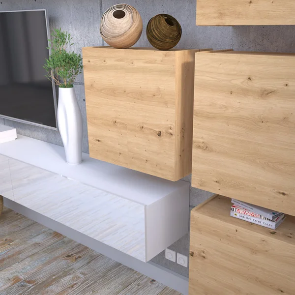Parete attrezzata sospesa 300x210h cm bianco lucido rovere Tempus