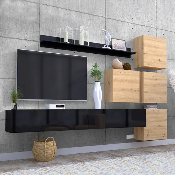 Parete attrezzata sospesa 300x210h cm nero lucido rovere Tempus
