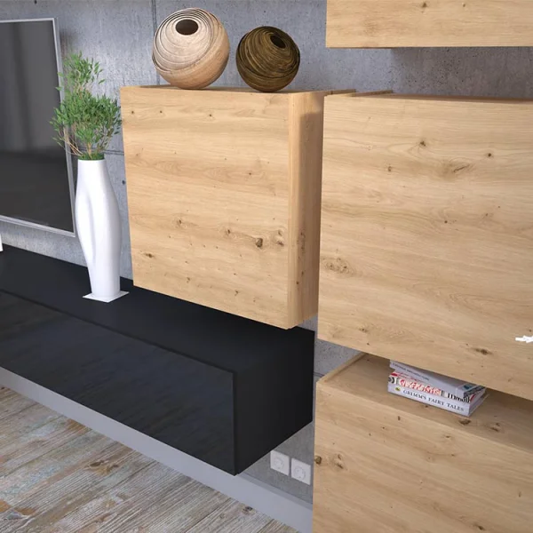 Parete attrezzata sospesa 300x210h cm nero lucido rovere Tempus