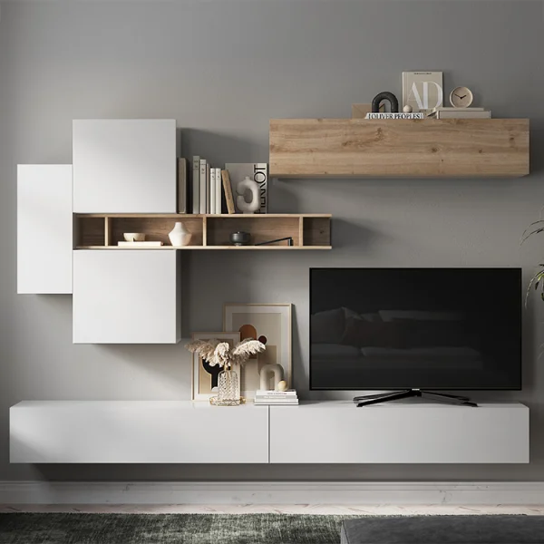 Parete attrezzata sospesa 276x190h cm moderna bianco lucido rovere chiaro Sunset 44
