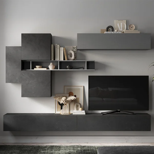 Parete attrezzata sospesa 276x190h cm moderna grigio scuro antracite Sunset 44