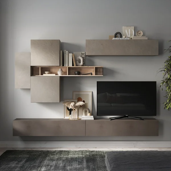 Parete attrezzata sospesa 276x190h cm moderna marrone tortora rovere Sunset 44