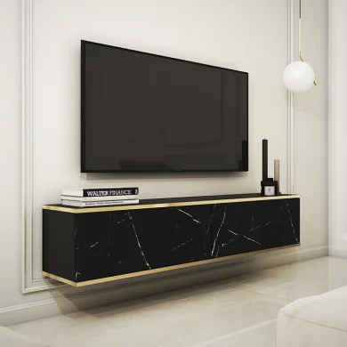 Mobile porta tv sospeso 135x30cm moderno pensile effetto marmo nero oro Linus