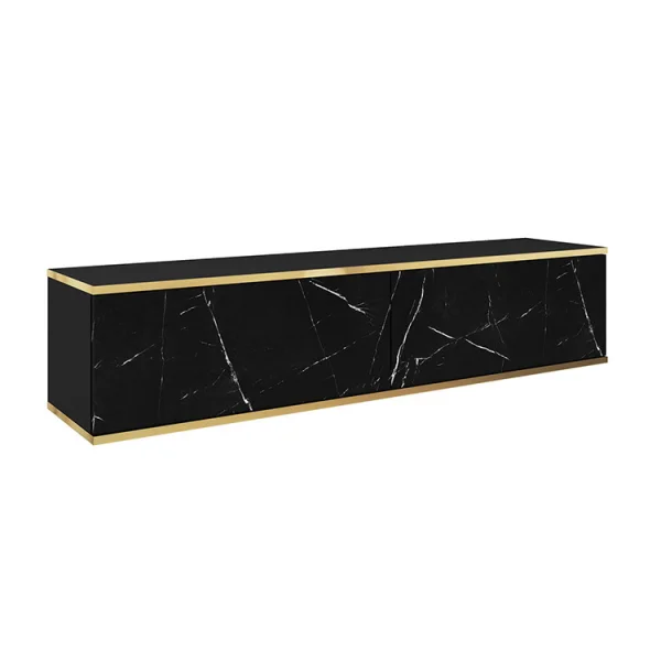 Mobile porta TV sospeso 135x30h cm 2 ante moderno effetto marmo nero oro Linus