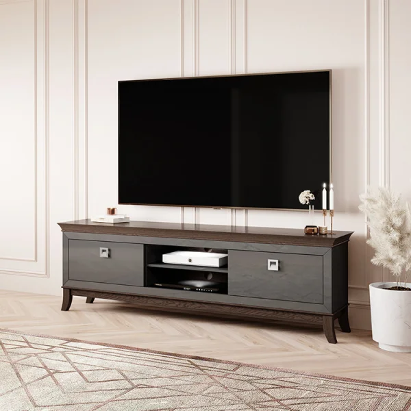 Mobile porta TV 196x63h cm 2 cassetti antracite lucido rovere scuro Umag