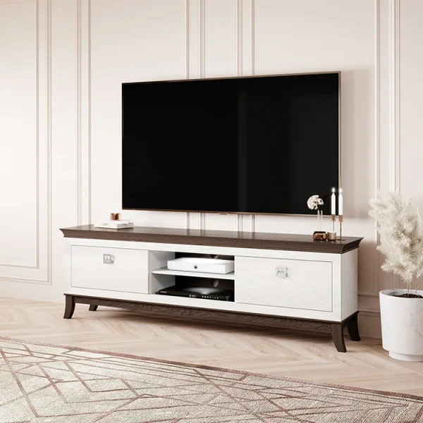 Mobile porta TV 196x63h cm 2 cassetti moderno bianco lucido rovere scuro Umag