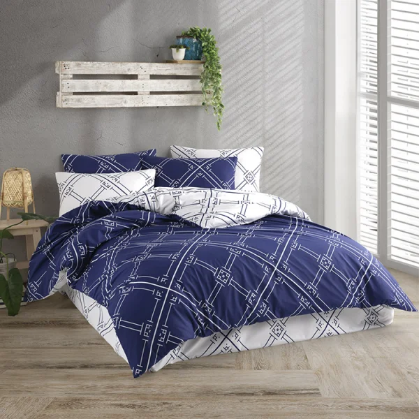 Set copripiumino matrimoniale e federe a quadri 220x240cm bianco blu Rosalin