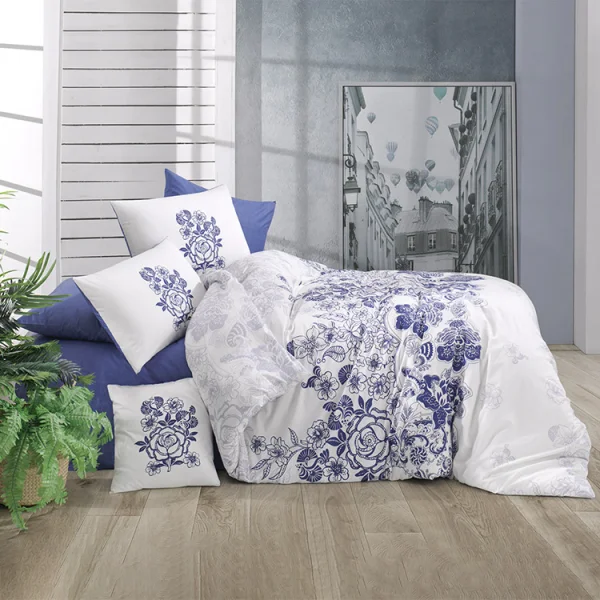 Set copripiumino matrimoniale oversize e federe 240x260cm floreale bianco blu Gordi