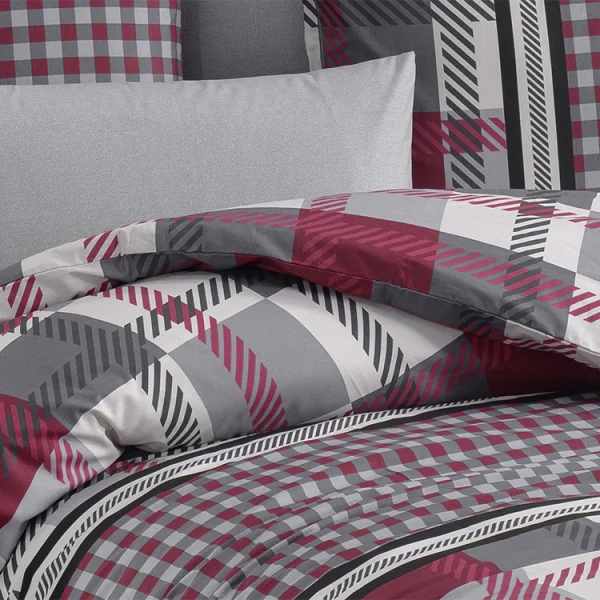 Set copripiumino matrimoniale oversize e federe a quadretti 240x260cm rosso grigio Doroty