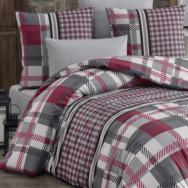 Set copripiumino singolo e federa a quadretti 140x220cm rosso grigio Doroty