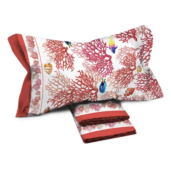 Set lenzuola letto singolo in cotone fondale marino rosso Fish