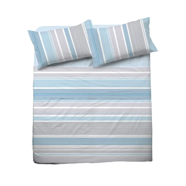 Set lenzuola matrimoniali  in cotone rigato azzurro grigio Sardina