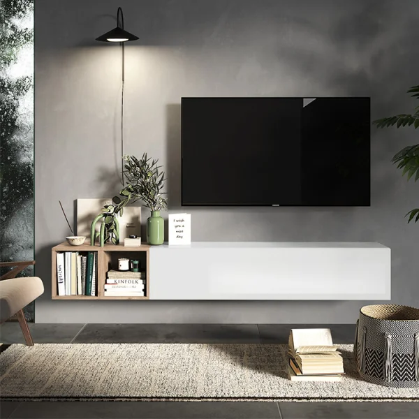 Set pensili 194x29h cm 1 anta 2 cubotti bianco lucido rovere chiaro Sunset 49