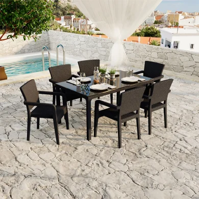 Set tavolo da giardino esterno bar dehors 150x90cm + 6 sedie con braccioli effetto rattan marrone Bora
