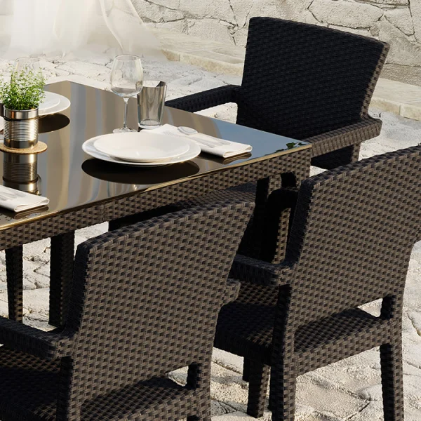 Set tavolo da giardino esterno bar dehors 150x90cm + 6 sedie con braccioli effetto rattan marrone Bora