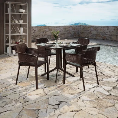Set tavolo da giardino esterno bar dehors 80x80cm + 4 sedie polipropilene marrone Aloha
