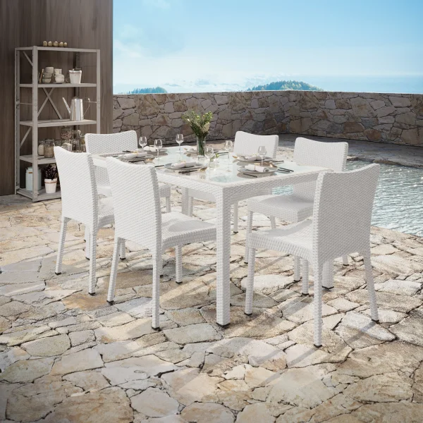 Set tavolo da giardino esterno bar dehors rettangolare 150x90cm + 6 sedie effetto rattan bianco Conchiglia