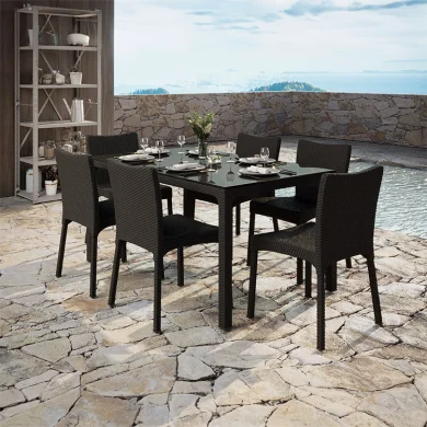 Set tavolo da giardino esterno bar dehors rettangolare 150x90cm + 6 sedie effetto rattan marrone Conchiglia