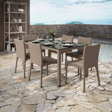 Set tavolo da giardino esterno bar dehors rettangolare 150x90cm + 6 sedie effetto rattan tortora Conchiglia
