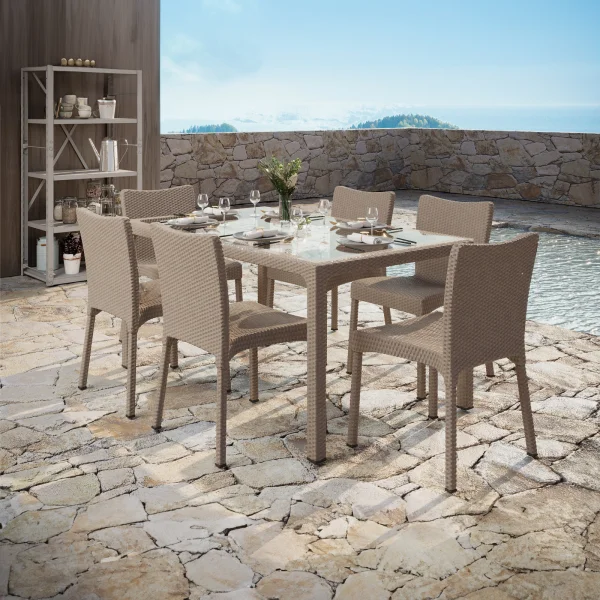 Set tavolo da giardino esterno bar dehors rettangolare 150x90cm + 6 sedie effetto rattan tortora Conchiglia