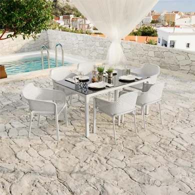 Set tavolo da giardino esterno bar dehors rettangolare 150x90cm + 6 sedie polipropilene bianco Aruba