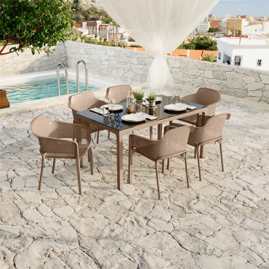 Set tavolo da giardino esterno bar dehors rettangolare 150x90cm + 6 sedie polipropilene tortora Aruba