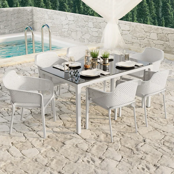Tavolo moderno da giardino esterno bar dehors con vetro 150x90cm bianco Teodoro