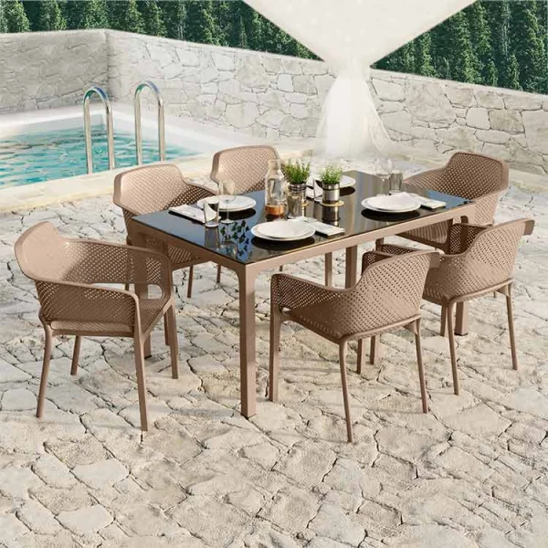 Tavolo 150x90cm da giardino esterno bar dehors tortora con vetro Teodoro