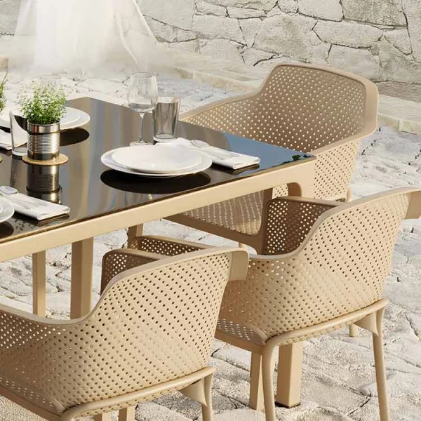 Tavolo moderno da giardino esterno bar dehors con vetro 90x90cm tortora Cesare