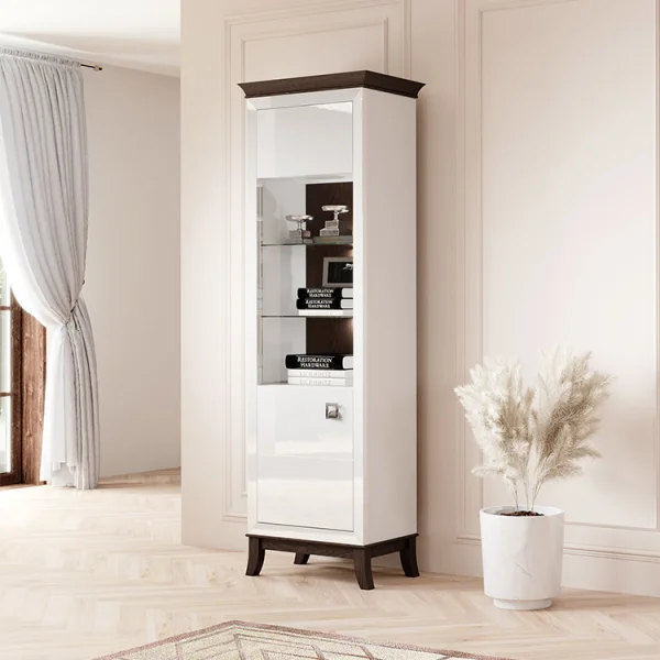 Vetrinetta 66x207h cm1 anta soggiorno bianco lucido rovere scuro Umag
