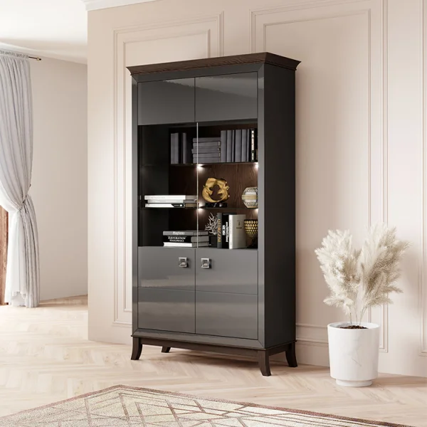 Vetrinetta 116x207h cm 2 ante soggiorno antracite lucido rovere scuro Umag