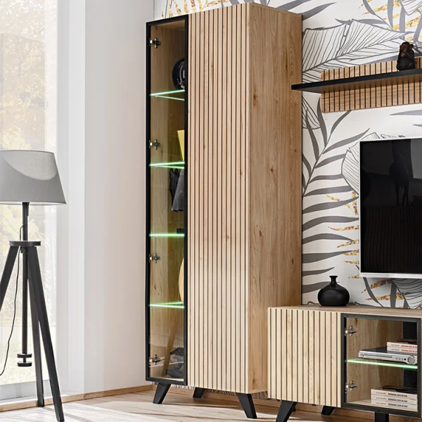 Vetrinetta 70x192h cm 2 ante soggiorno moderna noce con stampa nera Mendes