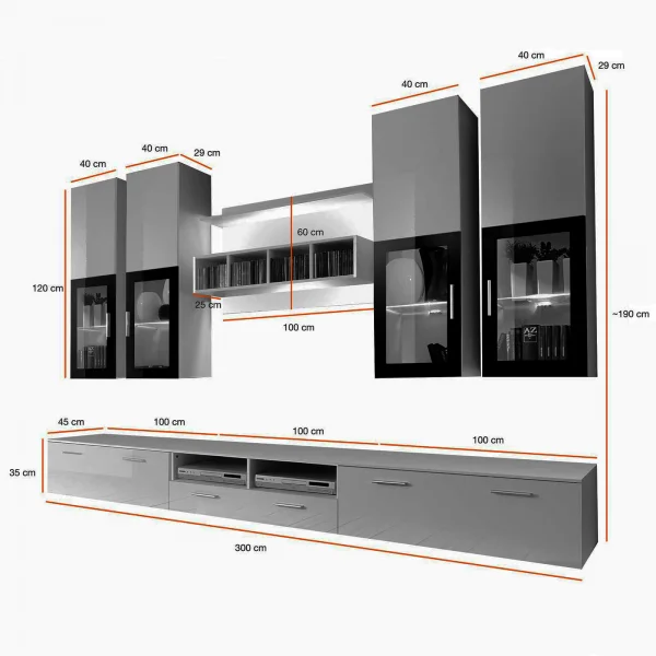 Parete attrezzata 300x190cm soggiorno nero e bianco lucido Barrie Gihome®