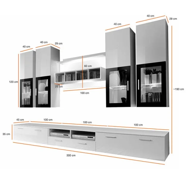 Parete attrezzata 300x190cm soggiorno bianco lucido Barrie Gihome®