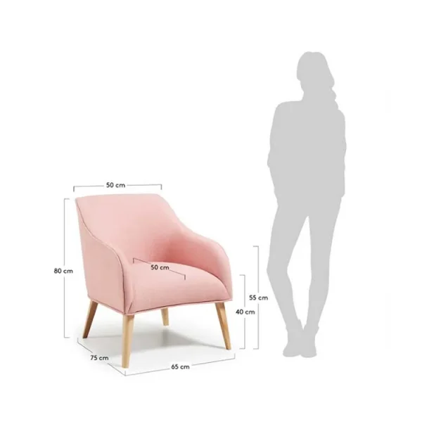 Poltroncina design in tessuto rosa con piedini rovere Bobly